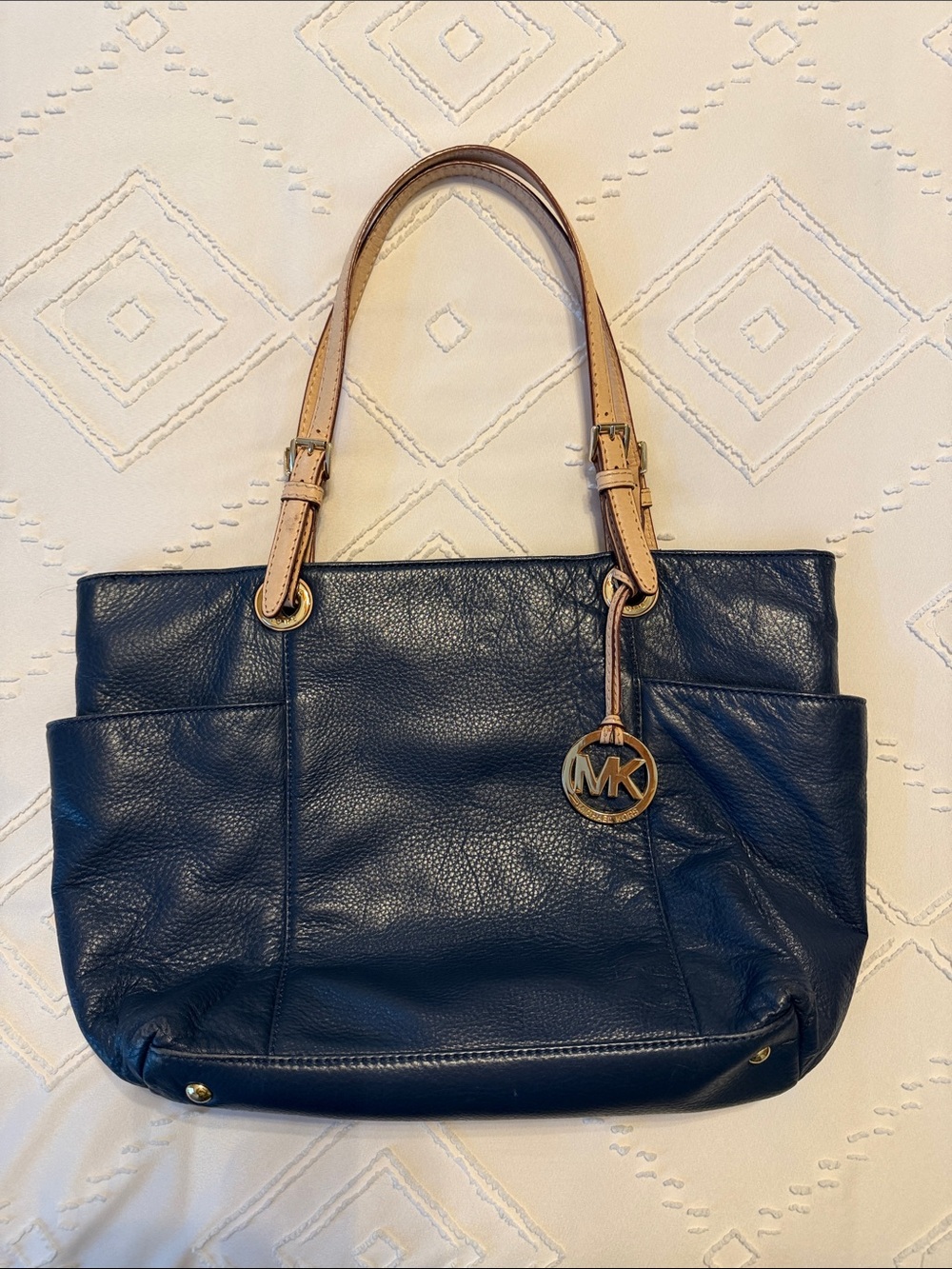 Michael Kors Navy Leather Shoulder Tote with Tan Handles